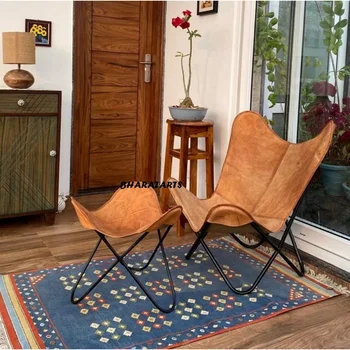 Кожаное кресло-бабочка|Кожаные стулья для гостиной|Ручная работа из натуральной коричневой кожи |Кресло для отдыха с табуреткой для ног